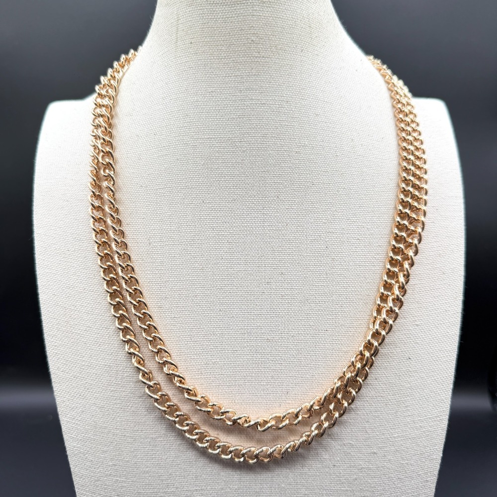 Gold Tone Double Strand Curb Chain Necklace Chunky Layering Statement Jewelry